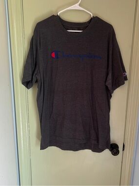 Champion Heather Dark Gray Tee with Red & Blue Logo